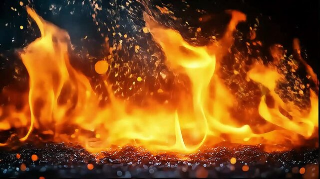 Slow motion of fire flames with flying sparks on dark background