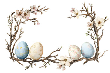 Easter branch garland with hanging colorful eggs and white spring flowers, watercolor illustration isolated on transparent background. Easter traditional decoration concept. PNG, cutout.
