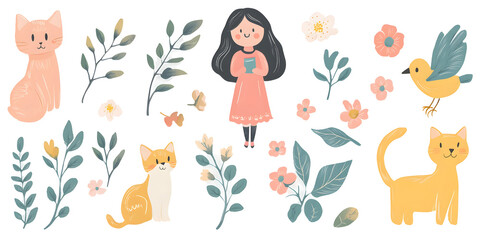 Stickers set with cute girl, cats, bird, flowers and branches with leaves elements. Clipart illustration collection with pastel colors isolated on transparent background. PNG, cutout.