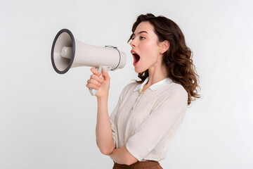 Woman shouting into megaphone on white background, symbolizing announcement, protest, or communication.