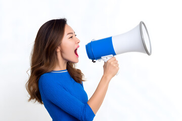 Woman shouting into megaphone on white background, symbolizing announcement, protest, or communication.