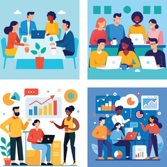 Vector art of a diverse team collaborates on a project during a vibrant and productive meeting in a modern office setting