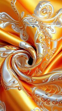 gold silk fabric swirl with luxury silver pattern and gold satin textile texture, gold silk fabric swirl with silver detail, elegant luxury textile background, satin folds fashion material texture