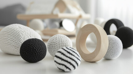 Infants (0-12 months). Black and white contrast cards. Wooden grasping rings Montessori mobiles. Soft fabric balls or sensory balls.
