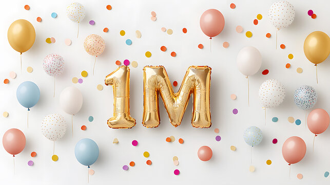 Golden “1M” balloons with colorful festive background for follower milestone or celebration content.