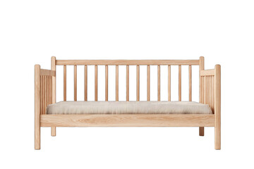 Light-colored wooden couch with slatted back and seat