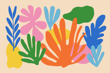 Abstract leaf and coral-like shapes in matisse art style. Bright bold colors, naive hand drawn organic forms and figures on beige background