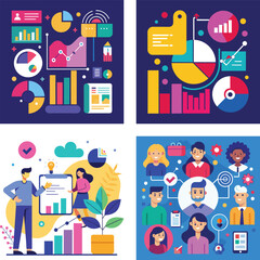 Vector art of colorful charts and graphs illustrate business analytics and data visualization concepts