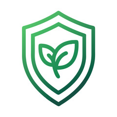 Stylized green shield icon featuring plant leaves, representing environmental protection and sustainability
