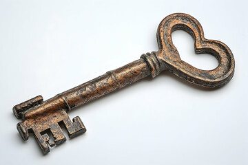 Antique heart-shaped key on white background
