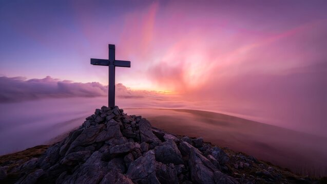 Purple cross on mount against cloudy sky. Religion concept.