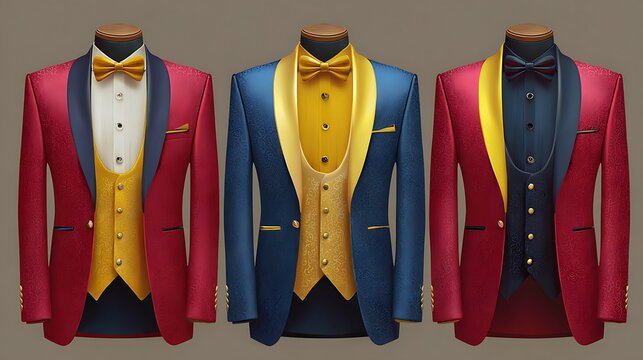 men's red,yellow,blue tuxedo in vector format with gold lapels metallic texture. Also add metallic Golden cummerbund that shows through. .