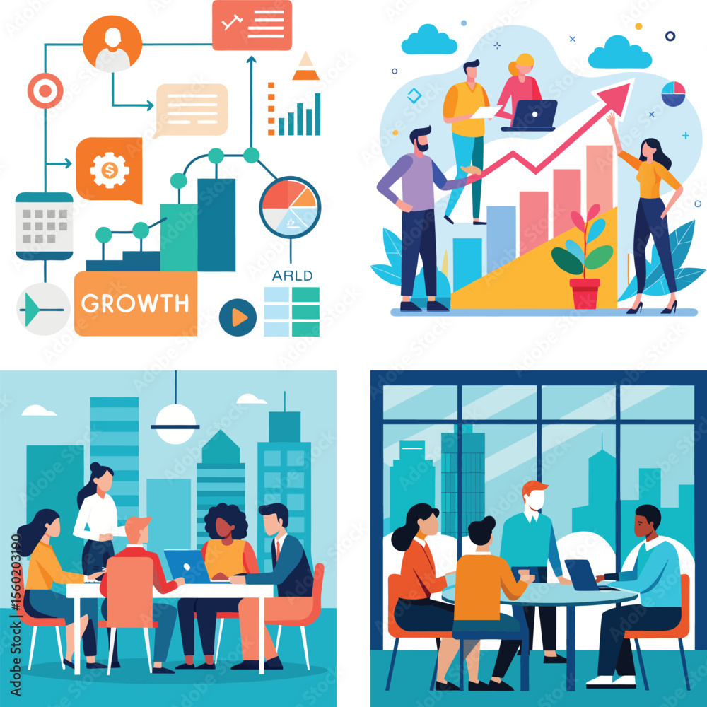 Fototapete Vector art of a diverse team collaborates on a project during a vibrant and productive meeting in a modern office setting