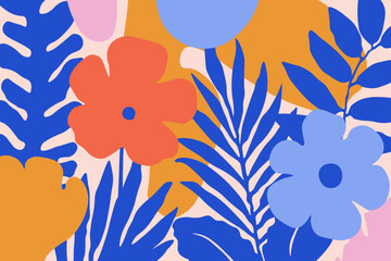 Colorful botanical shapes doodle background. Hand drawn abstract tropical leaves and flowers in matisse style, decorative bright art vector design