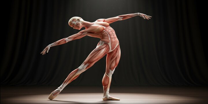Anatomical rendering of a dancer in graceful ballet pose, muscles exposed.