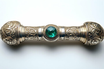 Ornate silver handle with emerald