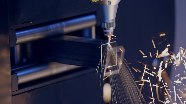 Process working of cnc laser cutting metal with sparks emitting light