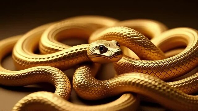 Exotic golden snake slithers, a symbol of wealth and mystery in a dramatic pose, perfect for fantasy or cultural themes.
