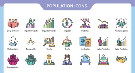 Fototapeta premium Population growth icons vector set, demography, aging population, migration, death rate, overpopulation