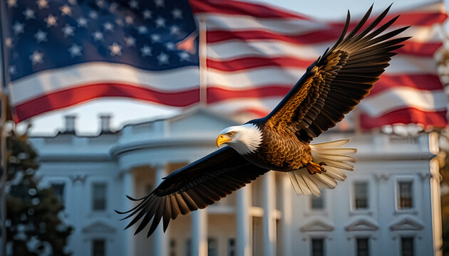 American bald eagle flying in front of white house with usa flag photo - Powered by Adobe