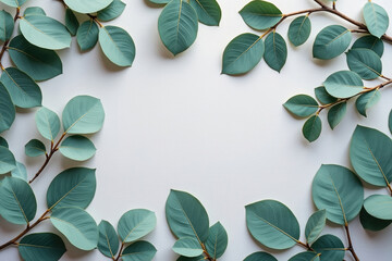 Botanical Frame Fresh Green Leaves and Branches Forming a Border on a Clean White Background