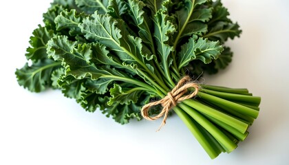 a bunch of fresh kale tied with a rustic string, showcasing its vibrant green leaves