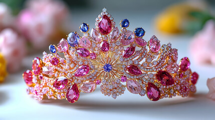 Elaborate jeweled tiara with vibrant gemstones