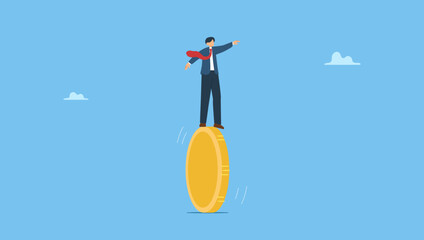 Businessman balancing not to fail from on walking golden coin. Financial and business risk, banking loan and debt risk, stability or balance of economics and investment or risk for losing job.