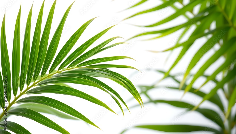 Poster close-up shot of vibrant green palm leaves, showcasing their texture and shape against a soft backgr