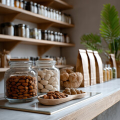 Glass jar filled with almond, nut, seed, and dried fruit on wooden shelf in natural light, healthy food store interior