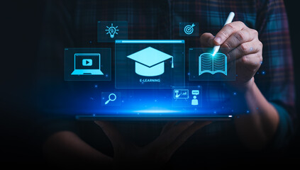 Person Using Tablet with E-Learning Icons Representing Online Education, Distance Learning, and...
