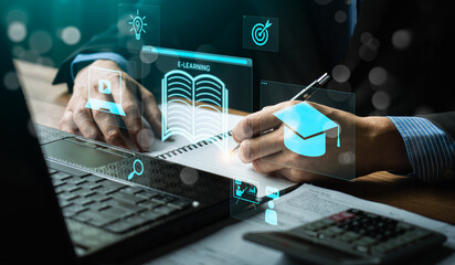 Professional Engaging with E-Learning Platforms on Laptop, Highlighting Virtual Education Tools for...