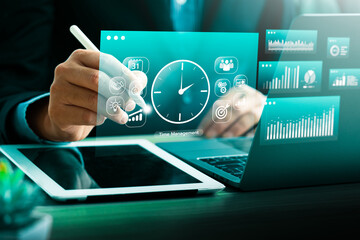Time management and productivity planning concept with businessman using digital scheduling tool. Smart technology for task organization, business efficiency, performance tracking, workflow control.