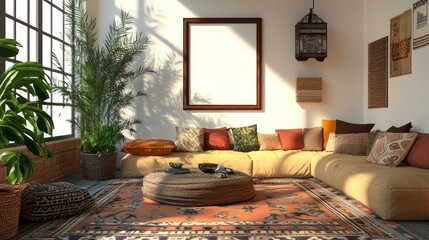 A cozy, cluttercore living space is shown with an empty ornate frame mockup resting on a coffee table. Sunlight streams through large windows, creating a warm, inviting atmosphere