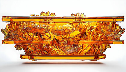 Ornate amber-colored decorative box with intricate floral carvings