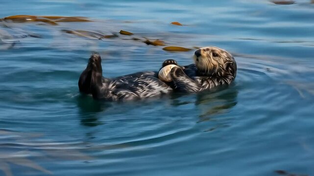 Sea otter floating in kelp forest while holding shell in paws
