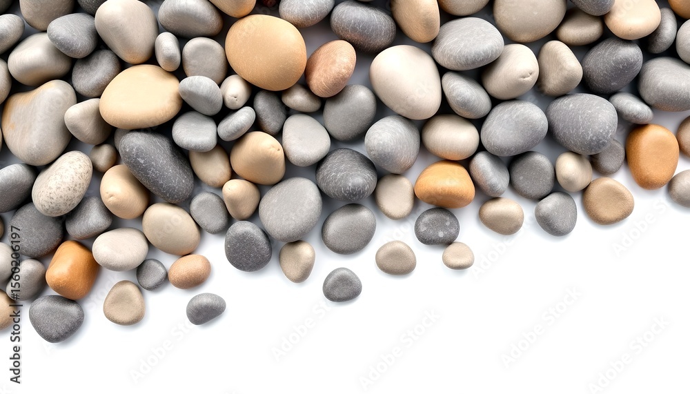 Poster smooth stones, various colors and sizes, arranged artfully.  They create a visually appealing texture and pattern
