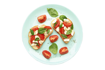 Tasty sandwich with mozzarella cheese, tomatoes and basil on plate isolated on white background. Caprese