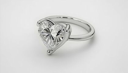 Heart-shaped diamond ring, silver band, on a clean, bright white surface casting a soft shadow, product shot