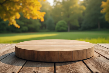 Wooden Display Platform on Rustic Table with Blurred Greenery Backdrop for Product Showcase and Presentation