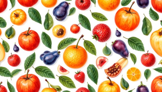 Colorful arrangement of fresh fruits and vibrant green leaves, a delightful visual experience