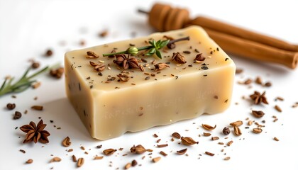 a handmade soap with natural ingredients, surrounded by spices, creating a sensory experience
