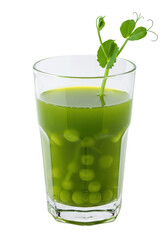 Fototapeta premium Refreshing green drink with peas and a sprig in a clear glass on a plain black backdrop