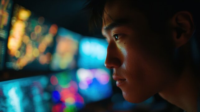 Focused young man intently studies data displayed on multiple glowing screens in a dimly lit room, lost in concentration and analysis.
