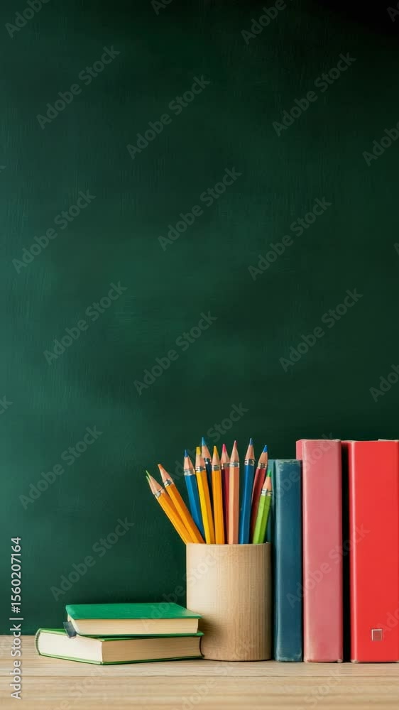 Poster colored pencils standing in holder near stacked books, green chalkboard highlighting studious worksp