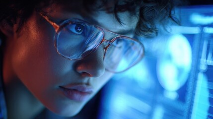 Focused young woman with glasses intensely studies a glowing blue digital screen, illuminated by vibrant light.