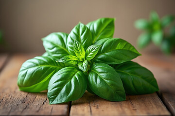Fresh Basil Leaves on Rustic Wooden Surface Aromatic Herb for Culinary Delights and Healthy Cooking