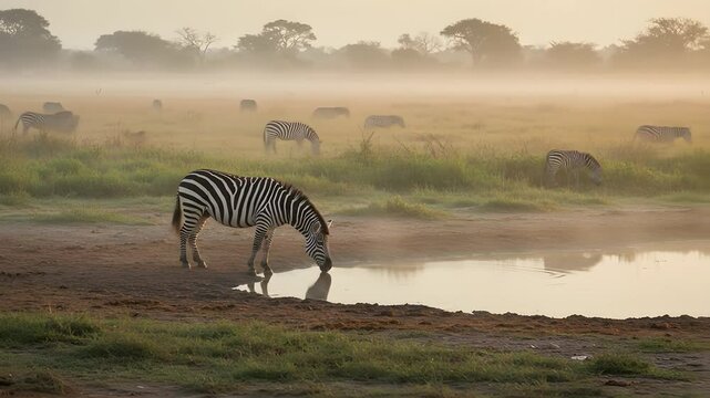 Zebras drinking at sunrise in African savanna landscape scenery