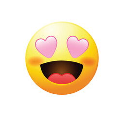 High quality emoticon smiling, love emoji isolated on white background.
Yellow face emoji with red heart eyes and smile vector illustration. Popular chat elements.