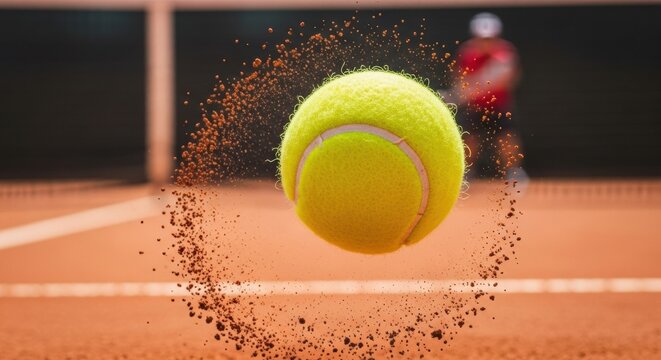 A tennis ball with heavy topspin spins on a red clay court, kicking up a swirl of dust, with a player blurred in the background.